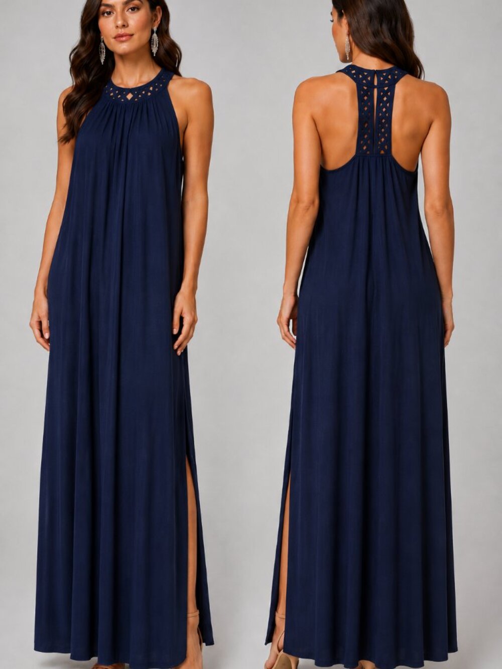 NWT Ella Moss Navy Halter Maxi Dress XS Rayon Open Back Side Slits Evening